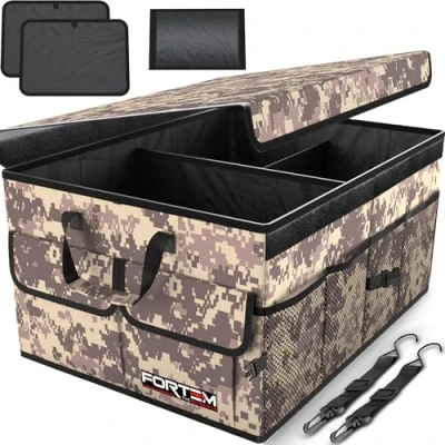 Abbildung von FORTEM Kofferraum Organizer, Kofferraumtasche, Zusammenklappbarer Auto Organizer mit Fächern, Rutschfester Boden, Verstellbare Sicherungsriemen, Klappbarer Deckel (Wüste, Größe L)