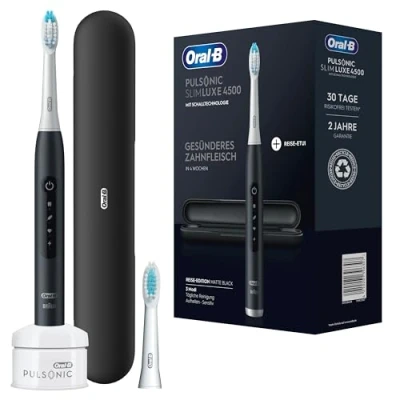 Abbildung von Oral B Pulsonic Slim Luxe 4500 Elektrische Schallzahnbürste/Electric Toothbrush, 2 Aufsteckbürsten, 3 Putzmodi für Zahnpflege und gesundes Zahnfleisch, Reiseetui, Designed by Braun, matt schwarz