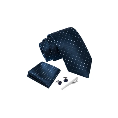 Abbildung von Massi Morino Krawatte Dunkelblau Gepunktet mit Einstecktuch Set Herren inkl. Manschettenknöpfe, Krawattennadel und Geschenkbox Männer Krawattenset