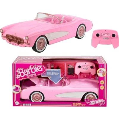 Abbildung von Hot Wheels ferngesteuertes Auto, R/C Barbie Corvette Fahrzeug, 1956 Stingray, 2,4 GHz Frequenz, bis zu 8 km/h, Platz für 2 Puppen, HPW40