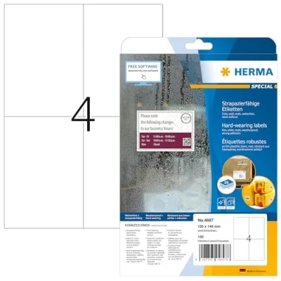 Abbildung von HERMA 4697 Wetterfeste Folienetiketten, 25 Blatt, 105 x 148 mm, 4 pro A4 Bogen, 100 Stück, selbstklebend, bedruckbar, matt, blanko Klebeetiketten Aufkleber aus Folie, weiß
