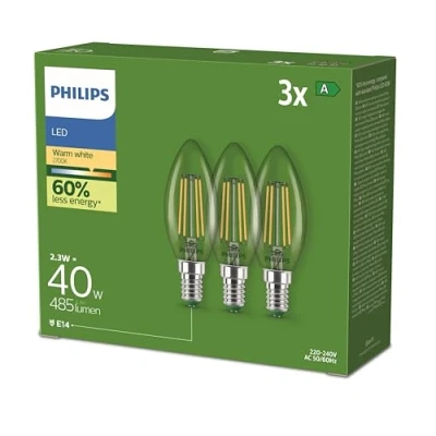 Abbildung von Philips Classic ultraeffiziente LED Lampe mit Energieeffizienzklasse A, ersetzt 40W, E27 Sockel, Kerze, klar, warmweißes Licht (2700K), 3er Pack, neue Generation