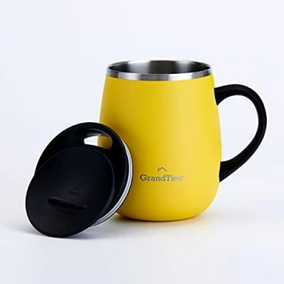 Abbildung von Grandties Thermo Kaffeebecher mit Griff Schiebedeckel für Spritzschutz 460 ml , Zitrone