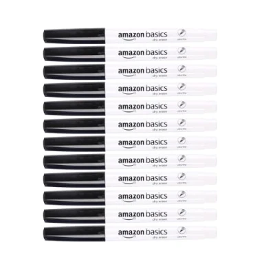 Abbildung von Amazon Basics Whiteboard Marker, geruchsarm, ultrafeine Spitze, trocken abwischbar, Schwarz, 12 Stück