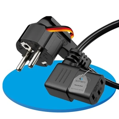 Abbildung von sonero Stromkabel Kaltgerätekabel 3 Polig, 1,0m, Schutzkontakt Schuko Stecker Netzstecker auf Kaltgerätekupplung C13 Buchse, 90 Winkel Netzkabel Netzteil Strom Kabel für Monitor PC Drucker, Weiß