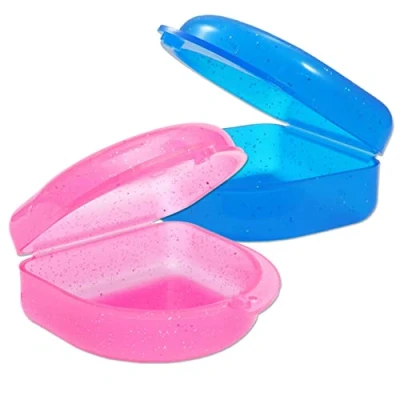 Abbildung von 2 x Mundschutz Box, für Ortho Retainers, Sport Zahnersatz, Zahnersatz und mehr (Glitzer Blau Glitzer Rosa)