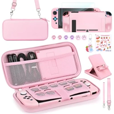 Abbildung von Younik Switch Zubehör Bundle, 17 in 1 Pink Kit für Mädchen Enthalten Tasche, Verstellbarer Ständer, Schutzhülle Konsole &amp; J Con(Hellrosa)