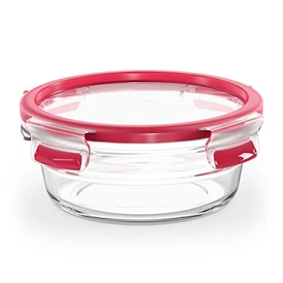 Abbildung von Emsa N10403 Clip &amp; Close Glas Frischhaltedose rund 0,6 L stapelbar gefrierfest backofenfest mikrowellenfest rutschfestes Stapeln 100% dicht spülmaschinenfest Transparent/Rot