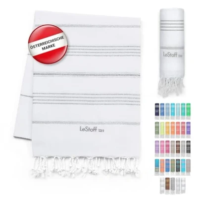 Abbildung von LeStoff Premium Hamamtuch 100% Bio Baumwolle Vorgewaschen, Nachhaltig, Saugstark &amp; Schnelltrocknend Strand, Bade, Dusch, Yoga, Spa Reise Tuch (95 x 180 cm, White Silver)