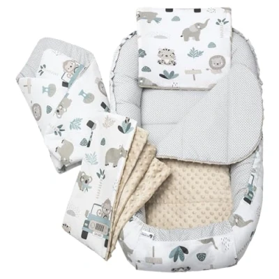 Abbildung von Medi Partners 5 teilig Babynestchen Set Babynest 100x60x15 herausnehmbarer Einsatz Bett Kuschelnest Krabbeldecke Babys Neugeborene 100% Baumwolle (Mint Zoo mit beige Minky)
