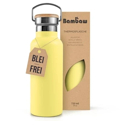 Abbildung von Bambaw Thermo Isolierflasche 750ml, Gelbe Trinkflasche, Edelstahl Trinkflasche Metall, Wasserflasche Spülmaschinenfest, Wander Thermosflasche Sonnengelb