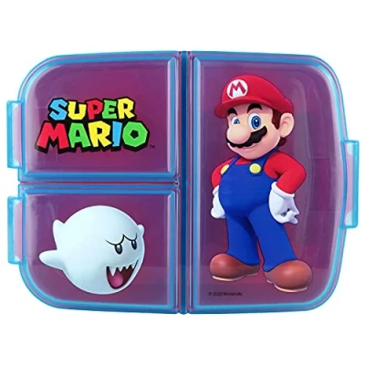 Abbildung von p:os Super Mario Brotdose für Kinder mit 3 Fächern, Lunchbox aus Kunststoff Clip Verschlüssen, Vesperdose Kindergarten, Schule und Freizeit, Mehrfarbig