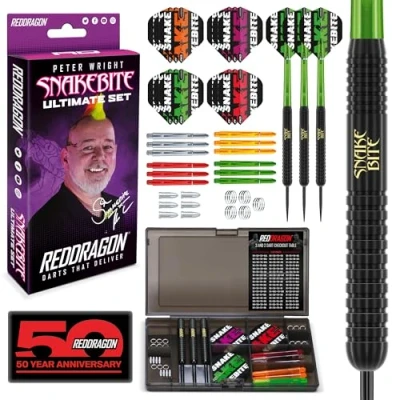 Abbildung von RED DRAGON Peter Wright Snakebite Ultimate 50 Piece Darts and Accessory Set 22 Gramm Steeltip Dartpfeile