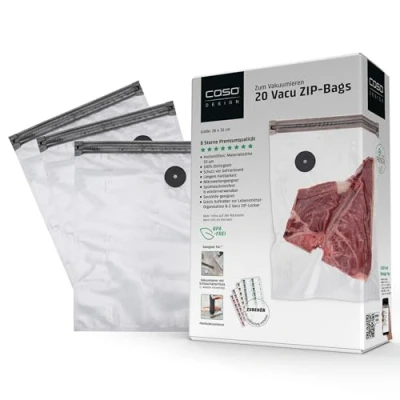 Abbildung von CASO Vacu ZIP Bags 26x35 cm, 20 Beutel, SousVide geeignet, BPA Frei, mit 150 µm besonders stark, reißfest, wiederverwendbar, für (Hand) Vakuumierer Adapter, inkl. Food Manager Sticker