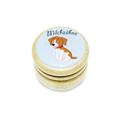 Abbildung von GICO Milchzahndose, Zahndose Milchzähne Bilderdose mit diversen Motiven aus Holz für Jungen und Mädchen Drehverschluss 44 mm (Hund)