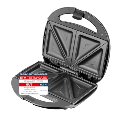 Abbildung von Emerio Doppel Sandwich Maker, BPA frei, klassische Form für dreieckiges Sandwich, leicht zu reinigen, Antihaftbeschichtung, heizt schnell auf, 750 Watt, Schwarz