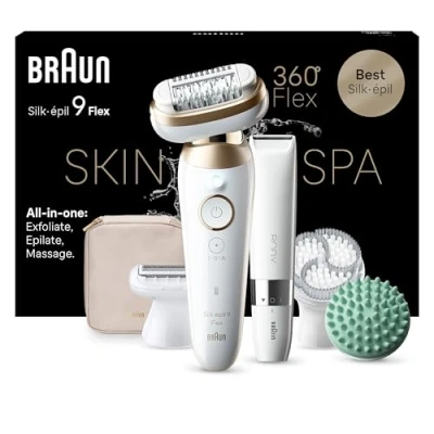 Abbildung von Braun Silk épil 9 Flex SkinSpa All in One Set, Epilierer Damen / Haarentferner für langanhaltende Haarentfernung, Mini Rasierer den Körper, 481 3D, weiß/Gold