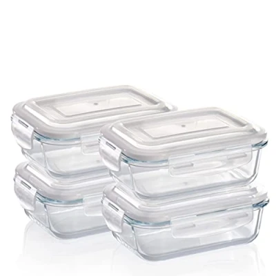 Abbildung von Grizzly Glas Frischhaltedosen, Set 4x 640 ml, luftdicht, rechteckig, Click Verschluss, vielseitige Vorratsdosen für Ofen, Mikrowelle, Gefrierfach