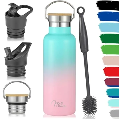 Abbildung von Milu Edelstahl Trinkflasche 500ml, 750ml, 1000ml (+3 Deckel) Thermosflasche mit Strohhalm, Isolierte Wasserflasche, Auslaufsichere Isolierflasche doppelwandig, Kohlensäure geeignet (Mint Rosa, 0,5L)