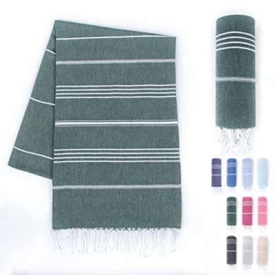 Abbildung von LAYNENBURG Premium Hamamtuch mit handgeknüpften Fransen 100% Baumwolle XXL Strandtuch 100x200 cm Oeko TEX 100 Strandhandtuch groß Saunatuch &amp; Reisehandtuch (Dunkelgrün)