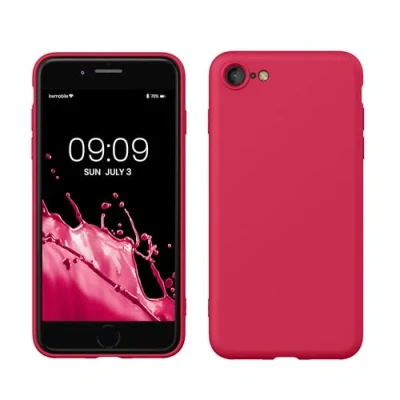 Abbildung von kwmobile Hülle kompatibel mit Apple iPhone SE (2022) / (2020) 8 7 gummierte TPU Silikon Handyhülle Schutzhülle für kabelloses Laden Case in Awesome Pink