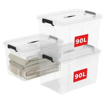 Abbildung von Cetomo 90L*3 Aufbewahrungsboxen, Tragbare Plastikboxen mit Deckeln, Organizer Behälter Griff und Clips, Stapelbar, Ineinander Nestbar, für Zuhause Büro, Transparent, 90L 3er Pack