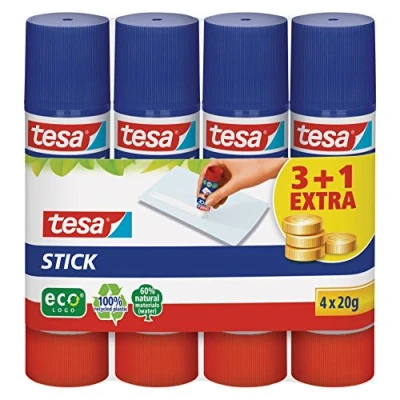 Abbildung von tesa Stick ecoLogo Geruchsneutraler Klebestift für Papier und Pappe Lösungsmittelfrei Umweltschonend 4 x 20 g