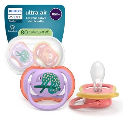 Abbildung von Philips Avent ultra air Schnuller kiefergerecht geformtes Design, für Babys ab 18 Monaten, weicher, symmetrischer Silikonsauger, BPA frei, mit Sterilisationsbehälter, 2er Pack, SCF349/47