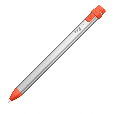 Abbildung von Logitech Crayon Digitaler Zeichenstift für alle ab 2018 veröffentlichten iPads mit Apple Pencil Technologie, Anti Roll Design und dynamischem Smart Tip Silber/Orange