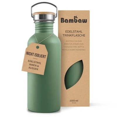 Abbildung von Bambaw 1 Liter Trinkflasche Edelstahl, Nicht isolierte Grün, Outdoor Trinkflasche, Spülmaschinenfest 1l Salbeigrün