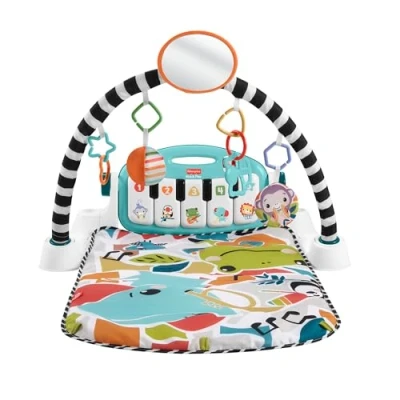 Abbildung von Fisher Price Kontrast Kick &amp; Play Pianospieldecke für Babys, Spielspaß Pianospieldecke, tragbares Musikspielzeug mit Smart Stages Lerninhalten, ab 0 Monaten, mehrfarbig, deutsche Version, HYH59