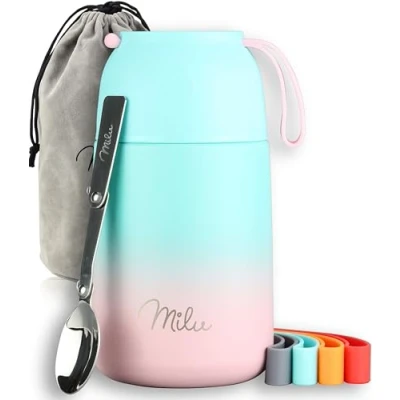 Abbildung von Milu® Thermobehälter für Essen 450ml, Edelstahl, Thermo Lunchbox, Suppenbehälter to go, Thermobox, Thermodose zum Warmhalten Suppen, Babybrei, Speisebehälter, breiwärmer unterwegs, Mint Pink 450ml