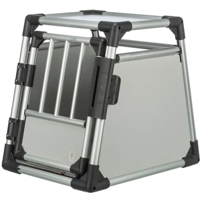 Abbildung von TRIXIE Hunde Transportbox, Aluminium, S: 48 x 57 64 cm, hellgrau/silber, extra stabil, sicher, geräuscharm, mit rutschfester Liegematte, Klettleiste am Boden 39340
