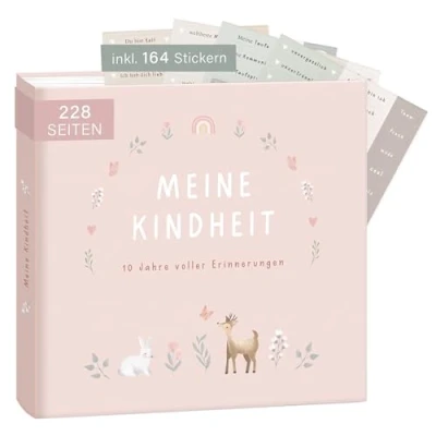 Abbildung von mintkind® &quot;Meine Kindheit&quot; Erinnerungsalbum Rosa + Sticker Set I deine ersten 10 Jahre Fotoalbum Kinder Geschenke zur Geburt Babybuch zum Eintragen Tagebuch Album Erinnerungsbuch Kind