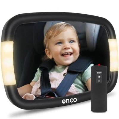 Abbildung von Onco LED Baby Rückspiegel Auto 2 Licht Modi für Tag &amp; Nacht, 100% Bruchsicher, Spiegel Rückbank, 360 Kinderspiegel Spiegel, Universelle Erstausstattung Zubehör