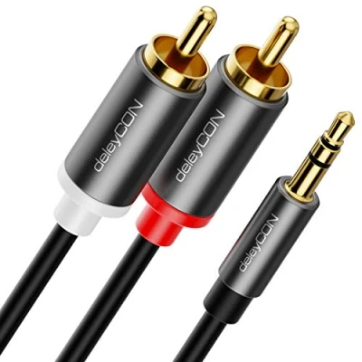 Abbildung von deleyCON 5m Klinke zu Cinch RCA Kabel 3,5mm Audiokabel Wandler Handy und Smartphone an HiFi Receiver AUX auf Stecker (Extra Dünn &amp; Flexibel)