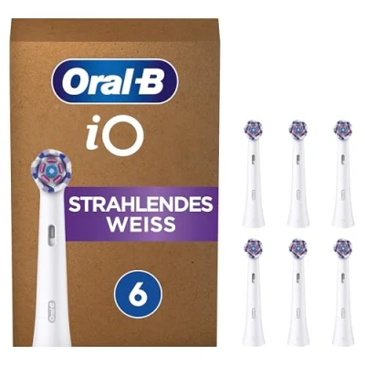 Abbildung von Oral B iO Strahlendes Weiss Aufsteckbürsten für elektrische Zahnbürste, 6 Stück, B’s beste Zahnreinigung, original Zahnbürstenaufsatz Zahnbürsten, briefkastenfähige Verpackung, Weiß