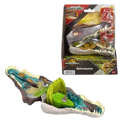 Abbildung von Mattel Jurassic World: Die Wiedergeburt, kleines Abenteuer Spielset, Spinosaurus Kopf öffnet sich, 4 interaktive Funktionen, 3 kleine Figuren, Dinosaurier Spielzeug, JGB98