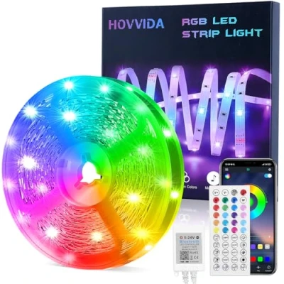 Abbildung von HOVVIDA LED Strip 15M, 1 Rolle, 30 LEDs/Meter, RGB 5050 Streifen, 450 LED, APP und Fernbedienung, Musikmodus, Timing Modus, für Zimmer, Wohnzimmer, Küche, Schlafzimmer, Bar, Party