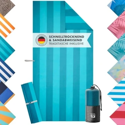 Abbildung von Blumtal Strandhandtuch 90x180 cm aus Mikrofaser kompaktes und schnelltrocknendes Handtuch/Strandtuch XXL Stranddecke sandfrei mit Band Badetücher Badetuch groß in Türkis gestreift