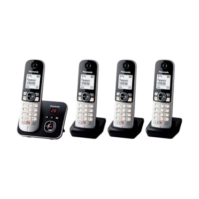 Abbildung von Panasonic KX TG6864GB Schnurlostelefon mit 4 Mobilteilen und Anrufbeantworter (Bis zu 1.000 Telefonnummern sperren, übersichtliche Schriftgröße, lauter Hörer, Voll Duplex Freisprechen) schwarz silber