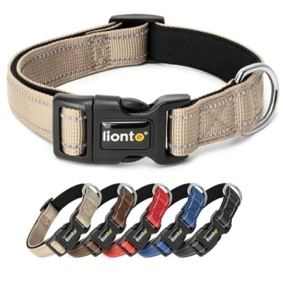 Abbildung von lionto Hundehalsband aus strapazierfähigem Nylon, Größe M, weiches gepolstertes Halsband für Hunde, 360 reflektierend &amp; Klickverschluss, Metallring Anpassung durch stufenlosen Schieber, beige