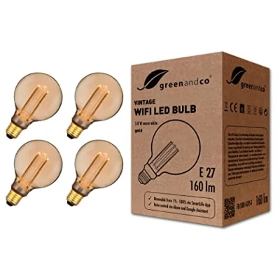 Abbildung von greenandco 4x Smart WiFi Vintage Design LED Lampe E27 G95, 3.8W 160lm 1800K 320 230V, flimmerfrei, dimmbar, kompatibel mit Alexa und Google Assistant, WLAN (ohne Hub), 2 Jahre Garantie