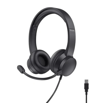 Abbildung von Trust Roha II USB Headset mit Mikrofon On Ear Leichtes Design, Verstellbarer Kopfbügel, Kopfhörer Kabel 1,80 m, Headphones für PC Mac Office Chat Skype Teams Videokonferenz Zoom Schwarz