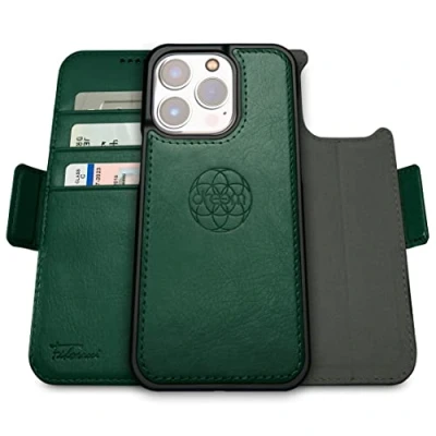 Abbildung von Dreem Fibonacci iPhone 14 Pro Geldbörsen Hülle / 2 in 1 Stoßfestes MagSafe Case und abnehmbares Luxus Vegan Leder Folio mit RFID Kartenschutz Ständer; für Frauen Männer Grün