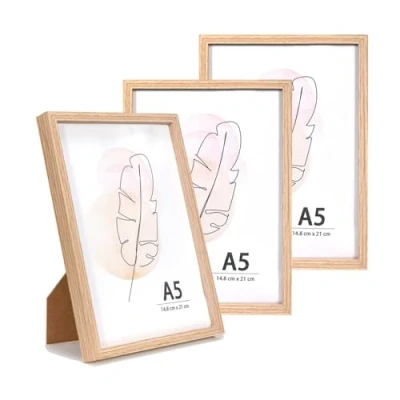 Abbildung von KAIWIN Bilderrahmen A5 Eichenholz Holz Fotorahmen 3er Set MDF mit Acrylglas zum aufhängen und aufstellen Benutzt für Wohnzimmer, Schlafzimmer, Arbeitszimmer, Fotos, Kunstwerke Poster