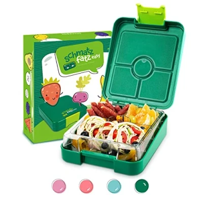 Abbildung von schmatzfatz Easy Bento Lunchbox für Kinder, BPA frei, mit 4 Fächern, leicht zu öffnen und reinigen, ideal Schule, Sport Kindergarten (Grün)