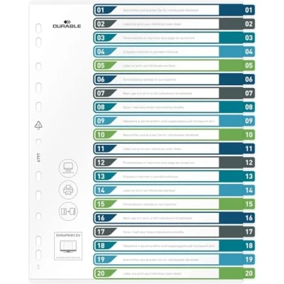 Abbildung von Durable Register 1 20, A4+ hoch, beschriftbares Indexblatt, 100% recycelbar, mehrfarbig, 679727