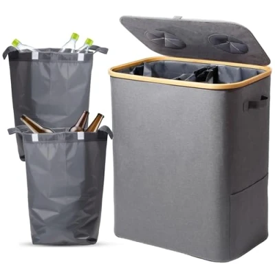 Abbildung von SYLANDO 140L Pfandflaschen Sammelbehälter mit Deckel &amp; XXL Tragetaschen, Flaschensammler für Leergut Altglas, 2 Fächer Organizer Lochdesign, Recycling Behälter Küche Abstellraum (Grau)
