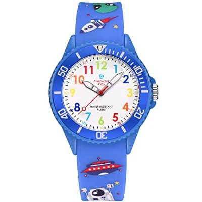 Abbildung von Alienwork Weltraum Alien Lernuhr Kinderuhr Jungen Uhrzeit Lernen Blau Silikon Armband Mehrfarbig Kinder Uhr Wasserdicht 5 ATM Zeit